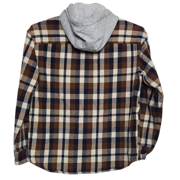 Mens American Eagle Plaid Flannel Jacket Size Medium Brown Gray Hood Shacket - Picture 3 of 6